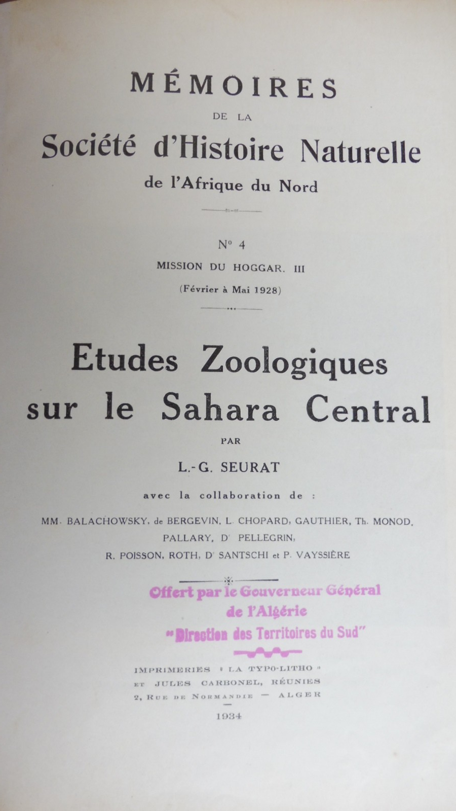 Etudes zoologiques sur le Sahara central (L.-G. Seurat) 1934
