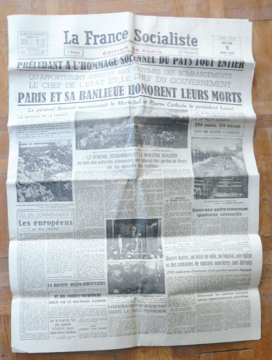 La France Socialiste 8 avril 1943 HOMMAGE AUX MORT COLLABORATION