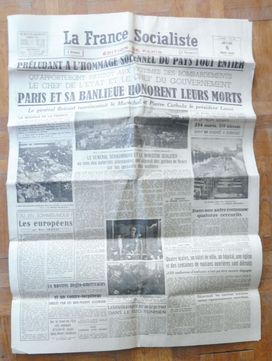 La France Socialiste 8 avril 1943 HOMMAGE AUX MORT COLLABORATION
