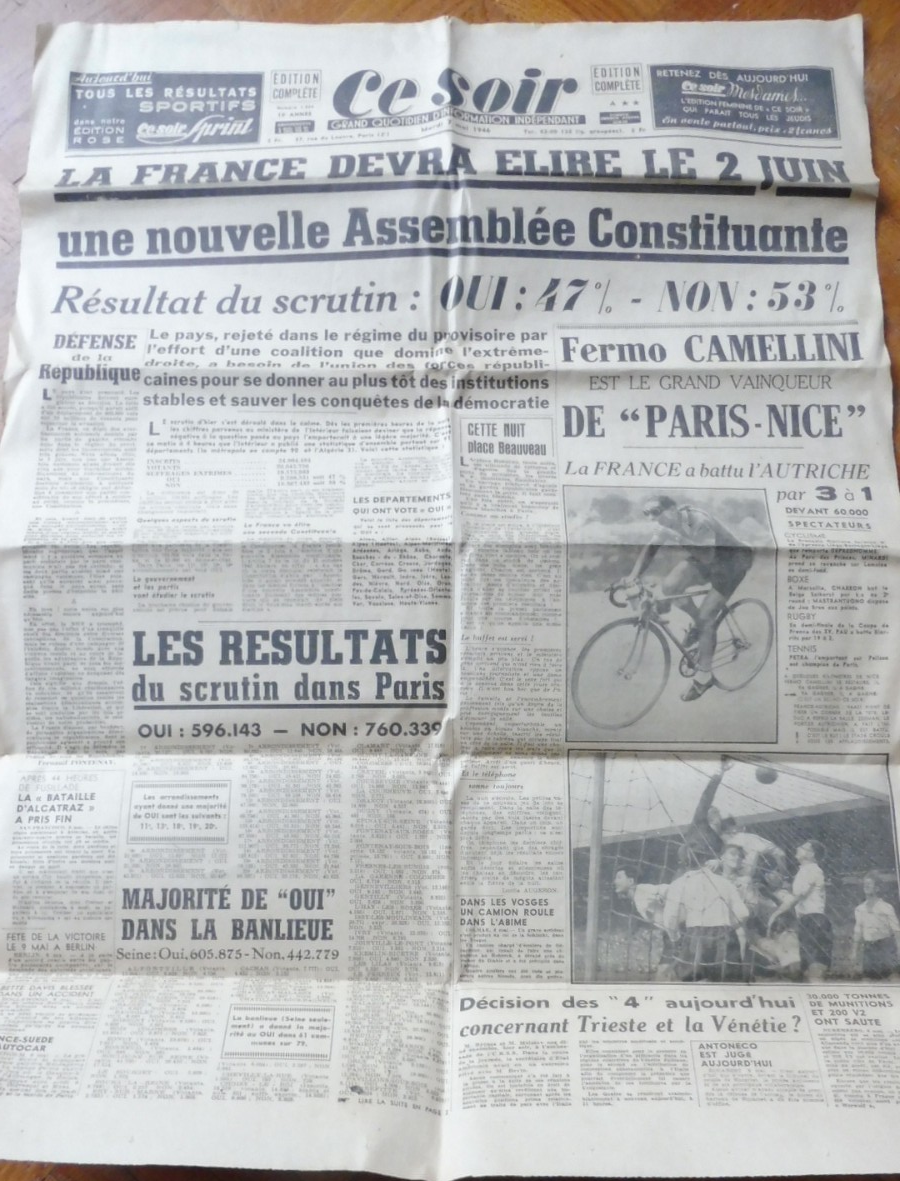 Ce soir 7 mai 1946 ELECTIONS CONSTITUANTE