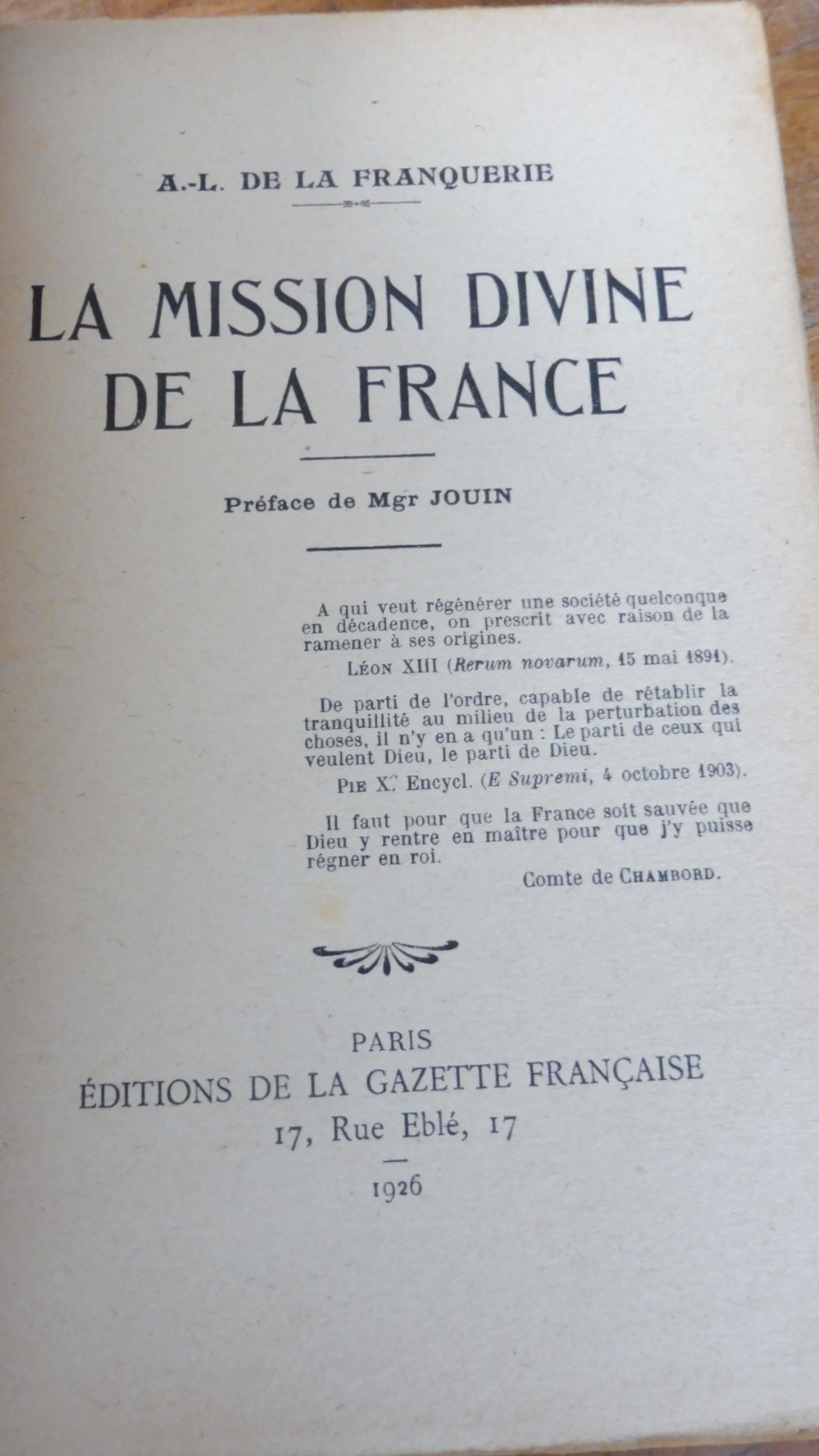 La Mission divine de la France (De La Franquerie) 1926