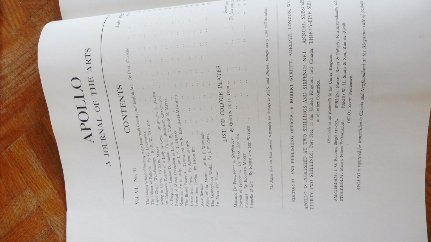 Apollo. A journal of the arts. Vol. VI. N°31 july 1927