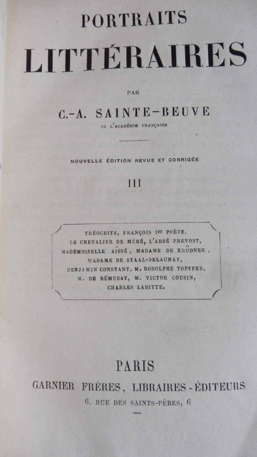Portraits littéraires (Sainte Beuve) s.d. 3 vol.