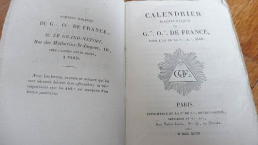 Calendrier maçonnique du Grand Orient de France 1848