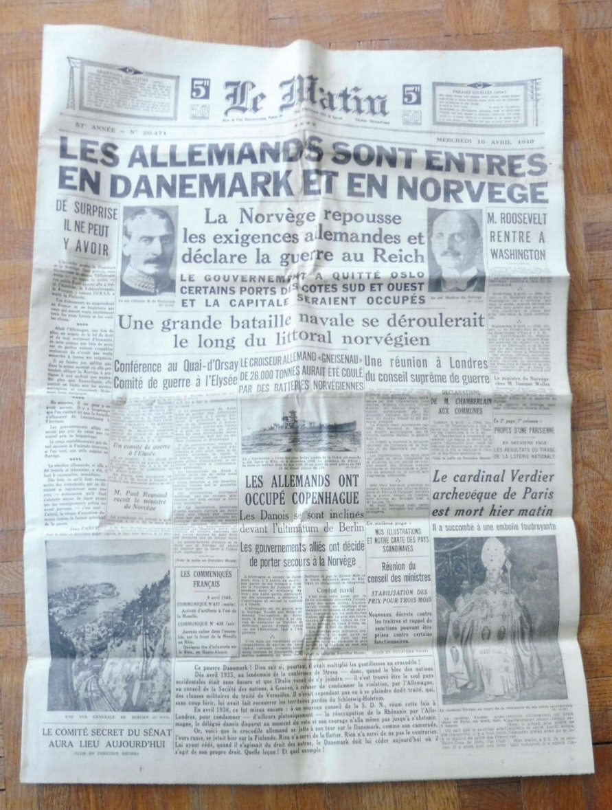 La Matin 10 avril 1940 ALLEMANDS ENTRENT AU DANEMARK ET EN NORVEGE