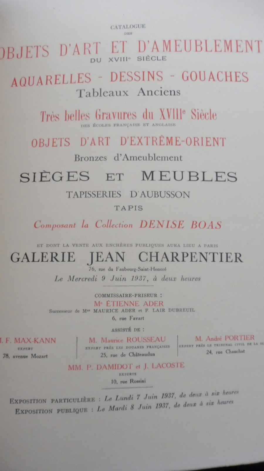 Collection Denise Boas 1937 CATALOGUE