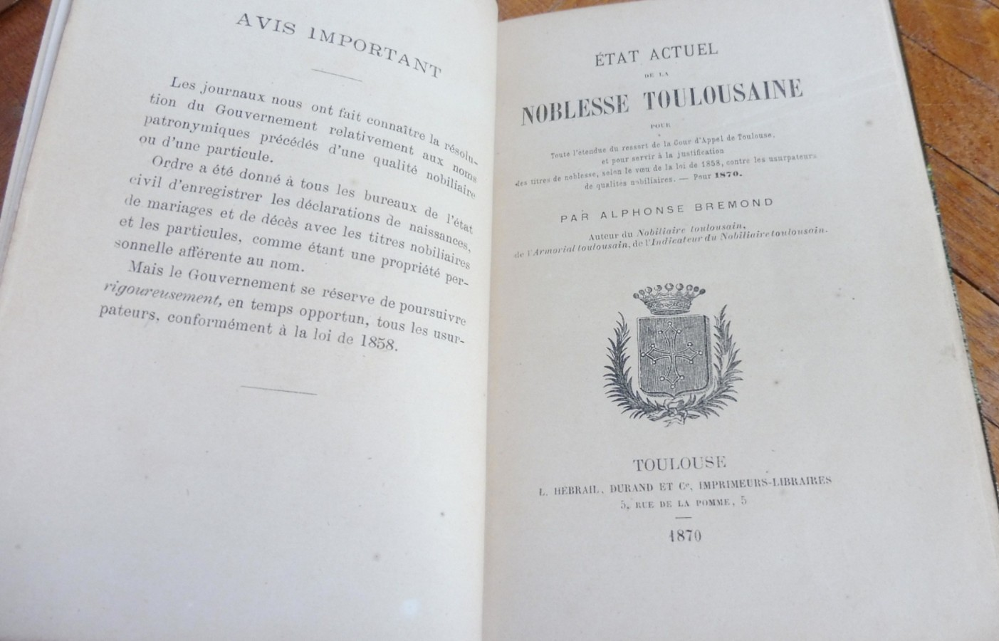 Etat actuel de la noblesse toulousaine (Alphonse Brémond) 1870