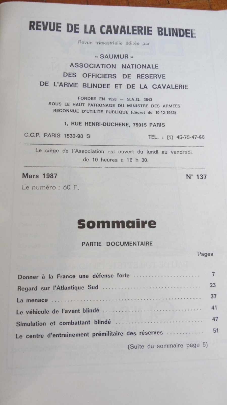 Revue de la Cavalerie Blindée n°137 Mars 1987