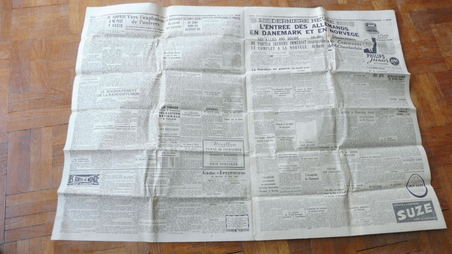 La Matin 10 avril 1940 ALLEMANDS ENTRENT AU DANEMARK ET EN NORVEGE