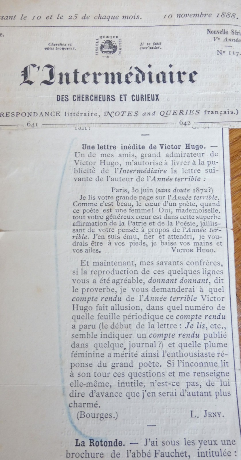 Lettre manuscrite de Victor Hugo 30 juin [1872]